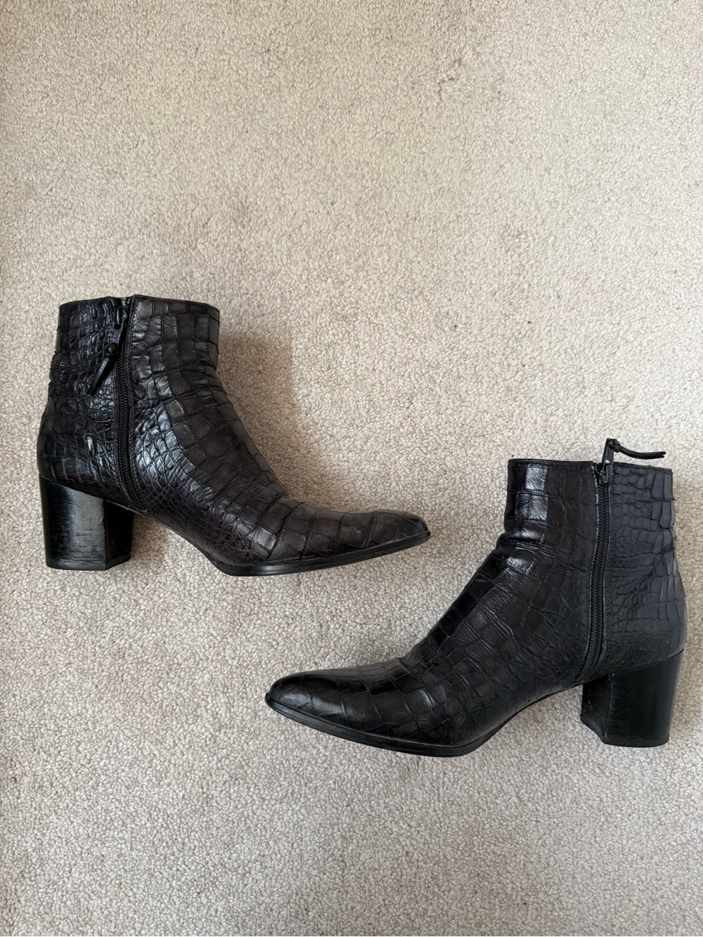 Stuart Weitzman Black Croc-Embossed Leather Ankle Booties